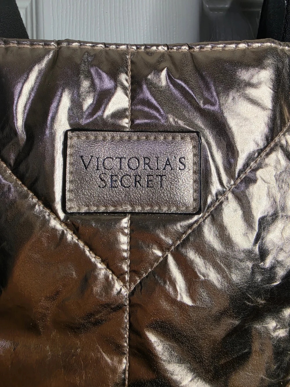 Victoria's Secret Metallic Rose Gold Quilted Tote with Black Straps